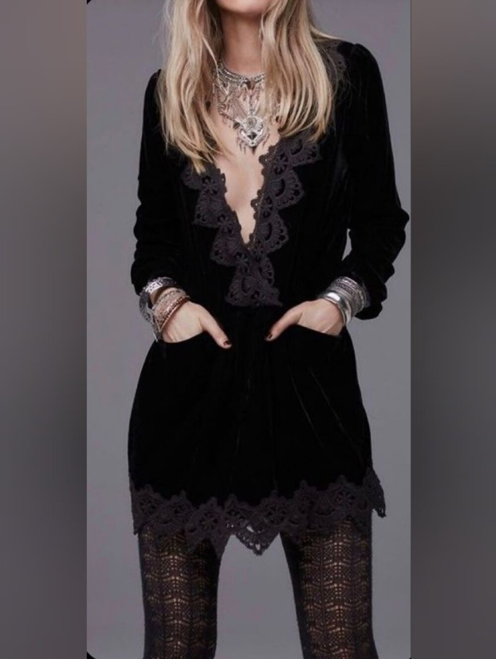 Free People Black Lace-Trim Velvet Dress
